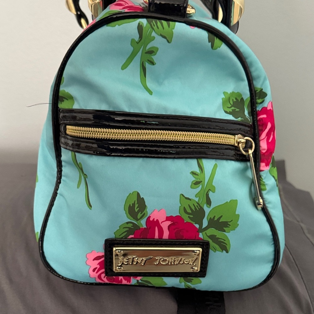 Betsey Johnson Turquoise Satchel with Pink Rose Print - Picture 7 of 7
